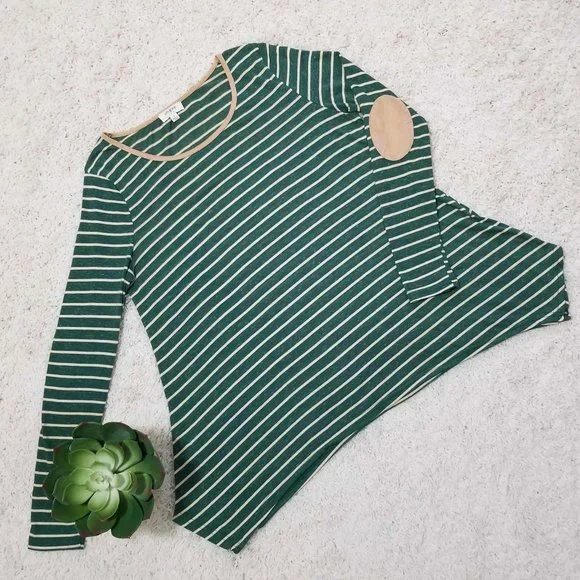 Umgee Brand Top Hunter Green & Cream Stripes Tan Faux Suede Accents Size Small - Picture 5 of 12